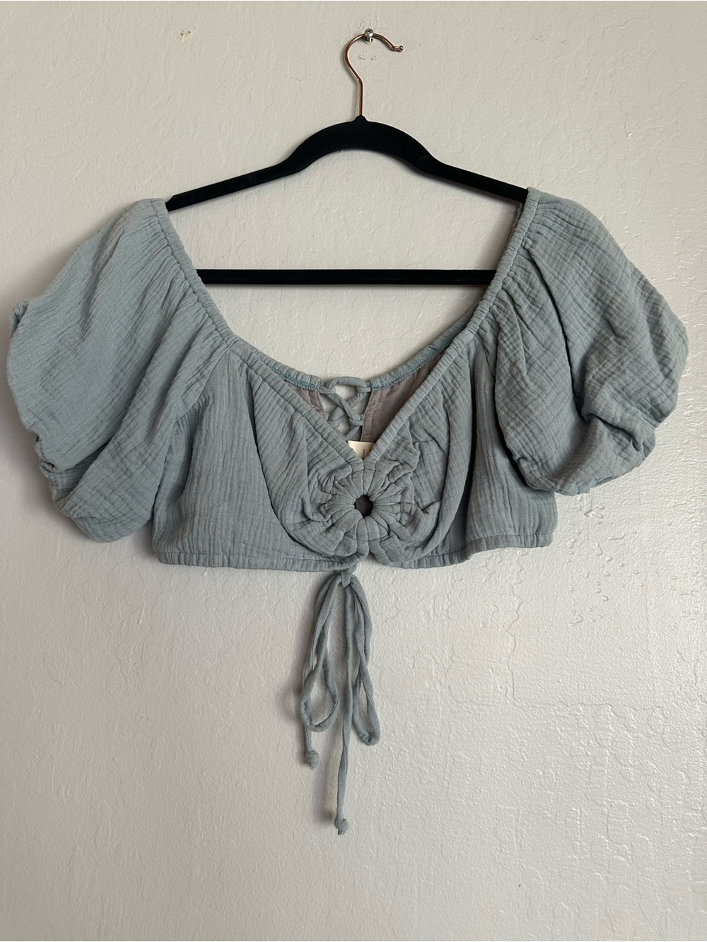 Light Blue Puff Sleeve Tie-Front Crop Top
